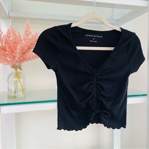 Aeropostale Cropped and Ruched Black V Neck Tee
